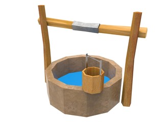 3d illustration of low poly water well. icon for game web. white background isolated. 