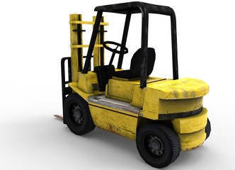 3d illustration of old forklift. icon for game web. white background isolated. industrial truck