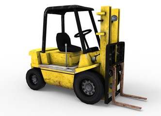 3d illustration of old forklift. icon for game web. white background isolated. industrial truck