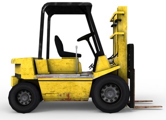 3d illustration of old forklift. icon for game web. white background isolated. industrial truck