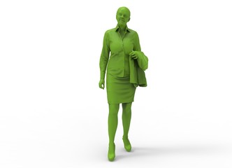 3d illustration of standing woman. icon for game web. white background isolated. statue of girl. green color