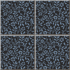 Ceramic tile pattern 308_vintage blue spiral curve flower leaf vine