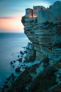 Sunset over the Old Town of Bonifacio, the limestone cliff, Sout