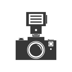 Gadget concept represented by silhouette of camera with flash icon. Isolated and flat illustration 