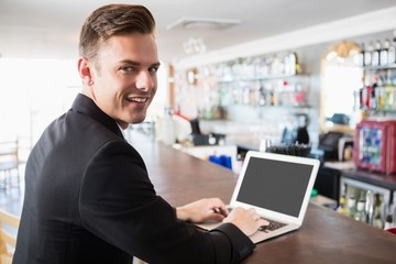 Businessman using laptop in restaurant
