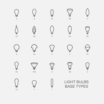 LED Light bulb base type icon set in grey