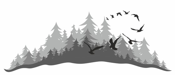 Landscape with wood and birds. 