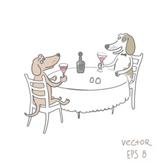 Illustration two dogs drinking in cafe