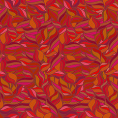 Bright seamless wavy pattern. Summer background. Red and orange colors. Abstract wallpaper with leaves. Colorful waves texture. Vector illustration. 