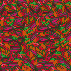 Bright seamless wavy pattern. Summer background. Red and orange colors. Abstract wallpaper with leaves. Colorful waves texture. Vector illustration. 