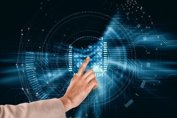 Composite image of businesswoman pointing