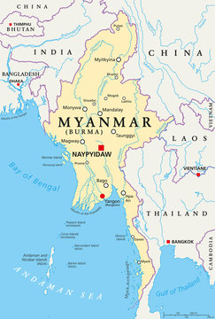 Myanmar political map with capital Naypyidaw, national borders, important cities, rivers and lakes. Also called Burma and old capital Rangoon, Yangon. English labeling. Illustration.