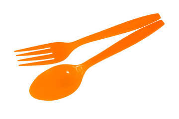 plastic fork and spoon isolated on white background