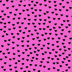 Fototapeta na wymiar Seamless pattern with tiny black hearts. Abstract repeating. Cute backdrop. Hot pink background. Template for Valentine's, Mother's Day, wedding, scrapbook, surface textures. Vector illustration.