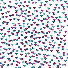 Seamless pattern with tiny colorful hearts. Abstract repeating. Cute backdrop. White background. Template for Valentine's, Mother's Day, wedding, scrapbook, surface textures. Vector illustration.