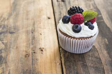One delicious Lonely Cupcake  on a Rustic Wooden Table.