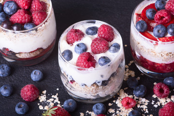 yogurt with oatmeal , blueberries , raspberries and strawberries