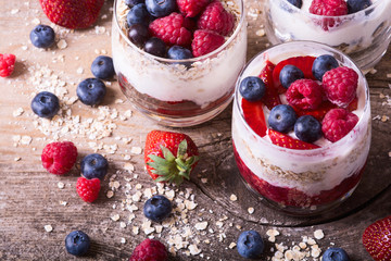 yogurt with oatmeal , blueberries , raspberries and strawberries