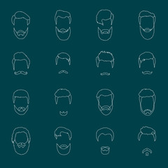 Mans hair set of beards and mustaches vector line. Hipster style fashion beards and hair isolated illustration outline. Peoples hairstyle icon, collection of beards mustaches barbershop.