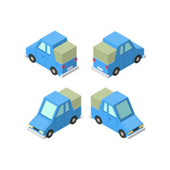 Vector isometric icon set or infographic element set representing private cars, cartoon pickup car with front and rear views.