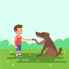 Happy little boy and his dog in summer street. The dog gives a paw child. Vector illustration