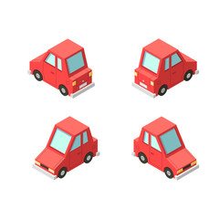 Vector isometric icon set or infographic element set representing private cars, cartoon sedan car with front and rear views.