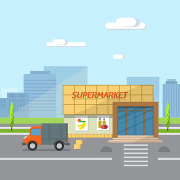 City background with shop building, street. Vector flat illustration of city streets with supermarket building