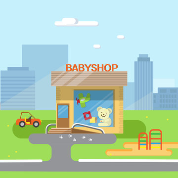 City background with shop building, street. Vector flat illustration of city streets with toy shop