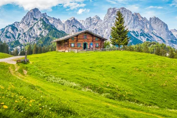 Fototapeten Idyllische Landschaft in den Alpen mit Bergchalet und grünen Wiesen © JFL Photography