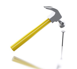 3d Hammer hitting a nail. Construction concept.
