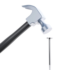 3d Hammer hitting a nail. Construction concept.