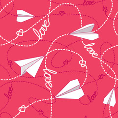 Hearts Paper Airplanes Love Seamless Pattern
