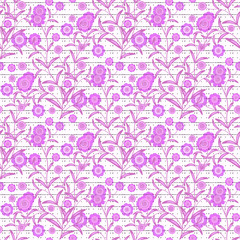 Floral seamless pattern in retro style, cute cartoon pink  flowers white background