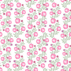 Floral seamless pattern in retro style, cute cartoon pink roses   white background