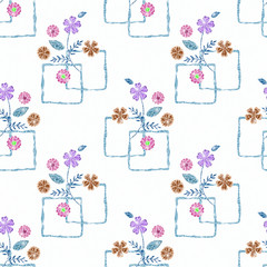 Floral seamless pattern in retro style, cute cartoon pink,light blue, brown  flowers white background