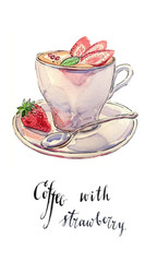 Cup of coffee with milk, mint and fresh strawberries