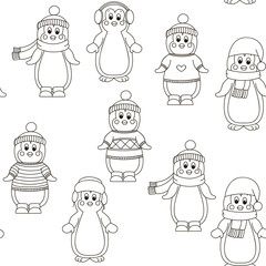 Cute hand drawn, vector penguins set - Merry Christmas greetings