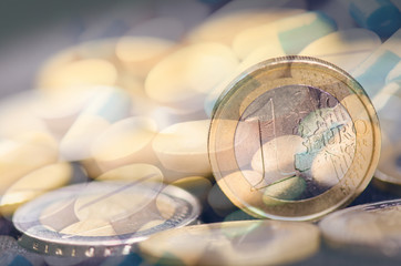 Double exposure of medicine and coins. Euro currency and medicine background. Financial and phramaceutical concept