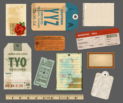 Ephemera - Set Of Vintage Labels And Paper Scraps, Including Luggage Tags, Boarding Pass And Notepaper