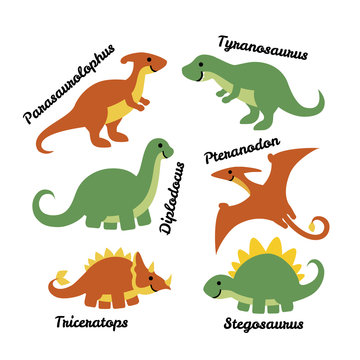 Set of cute cartoon dinosaurs isolated on white background.