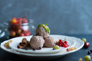 Chocolate ice cream with fresh berries