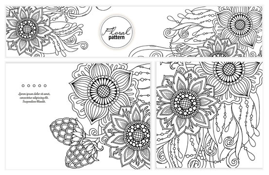 Set of floral card. Hand drawn artwork with abstract flowers. Background for web, printed media design. Mehendi henna doodle style. Banner, business card, flyer, invitation, greeting card, postcard.