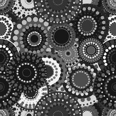 Mechanical seamless pattern black white gray circles.