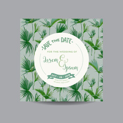 Save the Date Card. Tropical Palm Leaves. Wedding Invitation Card