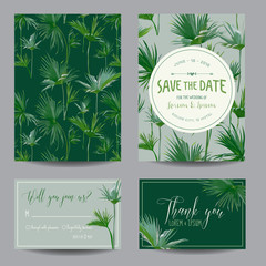 Save the Date Card. Tropical Palms Leaves. Wedding Invitation Card