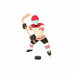 Obraz premium Hockey player icon in cartoon style isolated on white background. Sport symbol