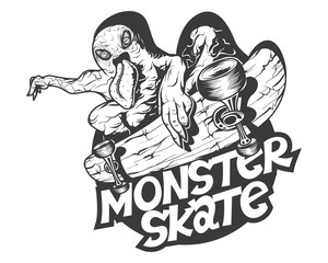 Monster riding skate, t-shirt print mascot logo