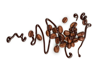 sweet chocolate sauce and coffee beans on white background