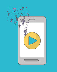 Music online represented by smartphone and play icon. Colorfull and Flat illustration