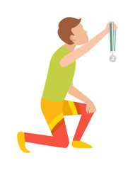 Trophy sports awards and winner team people. Winner athlete and young champion sports awards fitness trophy cup. Winning runner with winners, success competition sports awards character flat vector.